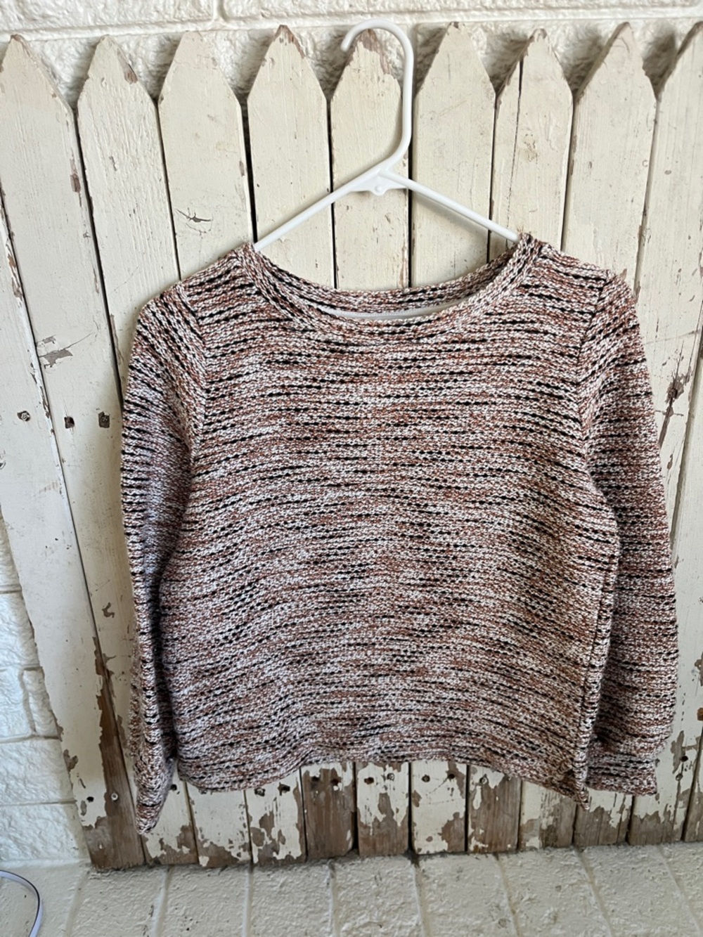 LOFT Marled Crew Neck Sweater in Cream and Brown Blend